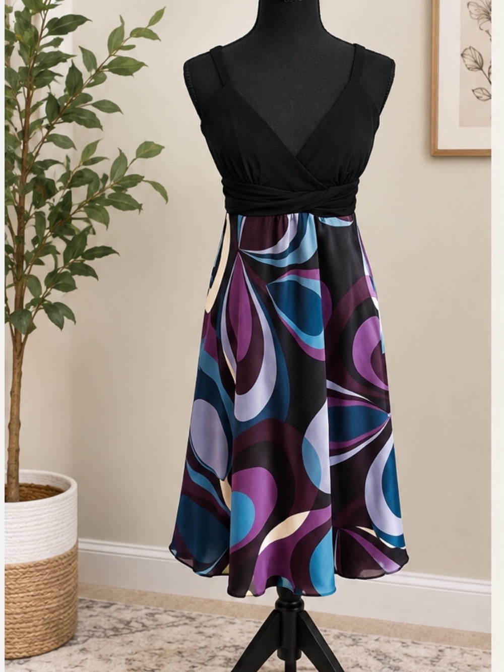 Sleeveless V-Neck Midi Dress in Black with Purple & Blue Abstract Print
